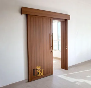 درب ریلی روکار با ریل نمایان کاوردار تمام چوب | درب ریلی MAGIC DOOR کد R209